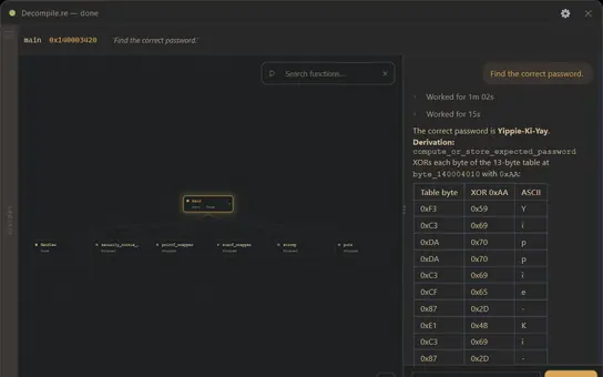 Decompile.re expanded call tree analysis view in dark theme